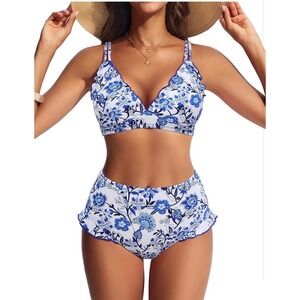 Hanna Nikole Womens Blue White Floral Scalloped High Waist Bikini Set Size L NWT